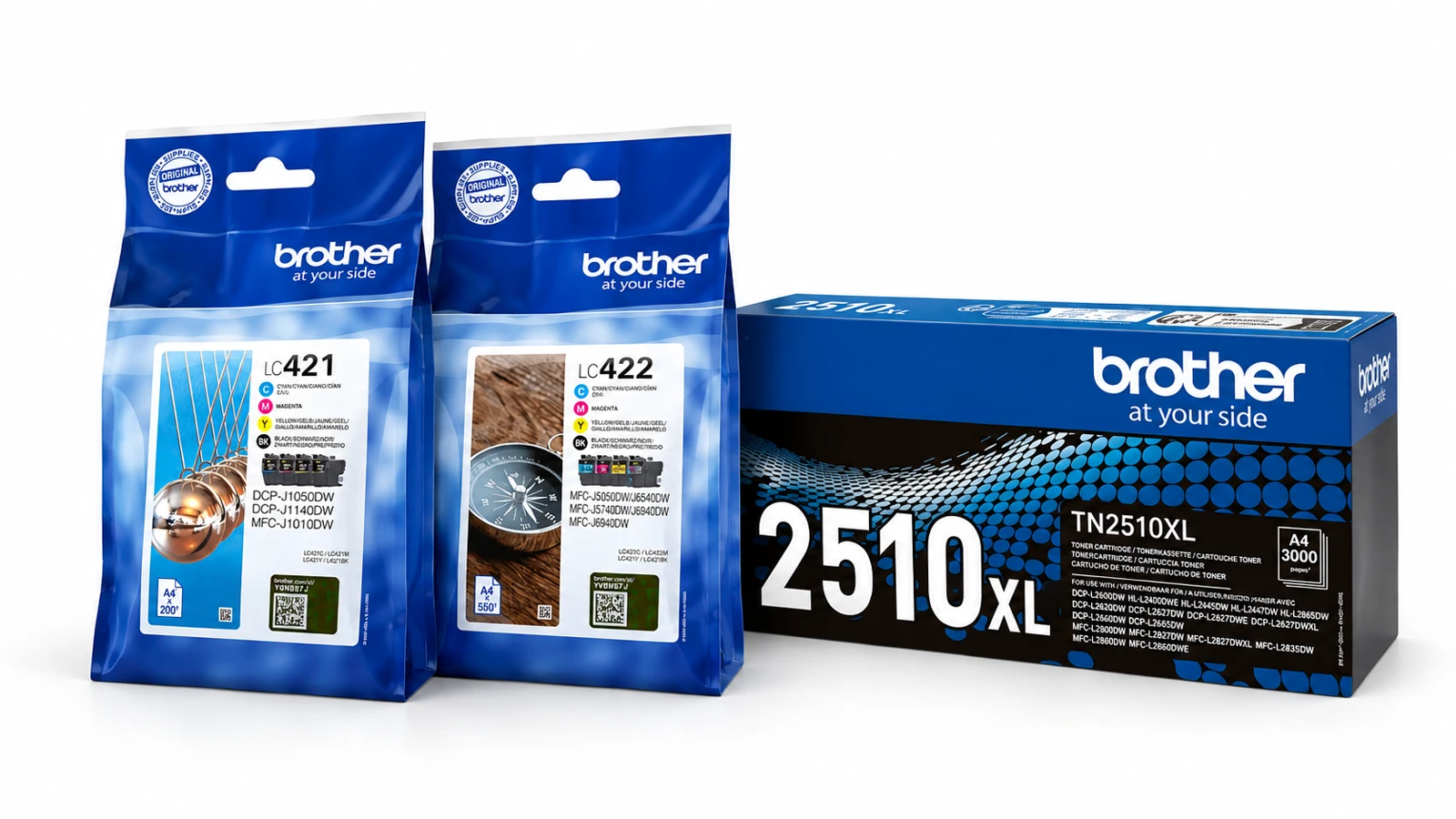 Packs de cartouches Brother LC421 et LC422 et boîte de toner Brother TN2510XL