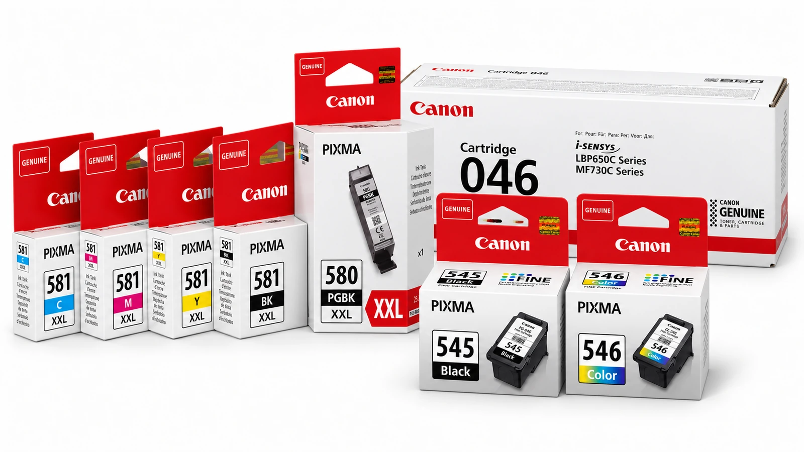 Boîtes de cartouches Canon PG-545, CL-546, 580 et 581 et toner Canon 046