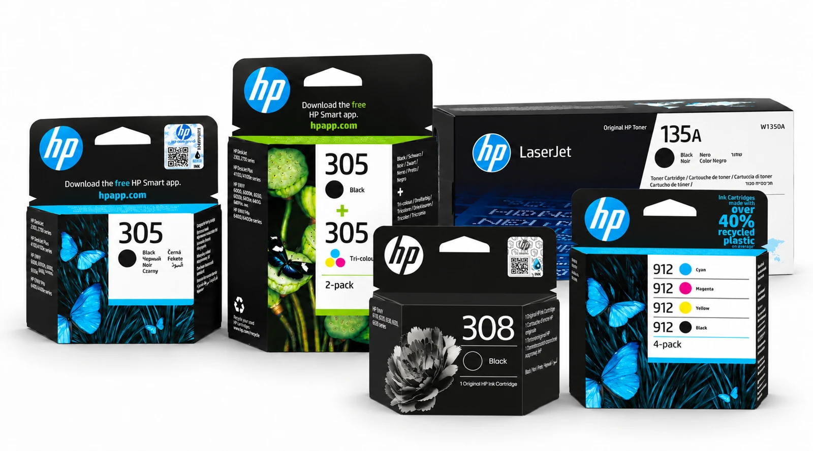 Boîtes de cartouches HP 305, 308, pack HP 912 et toner LaserJet 135A