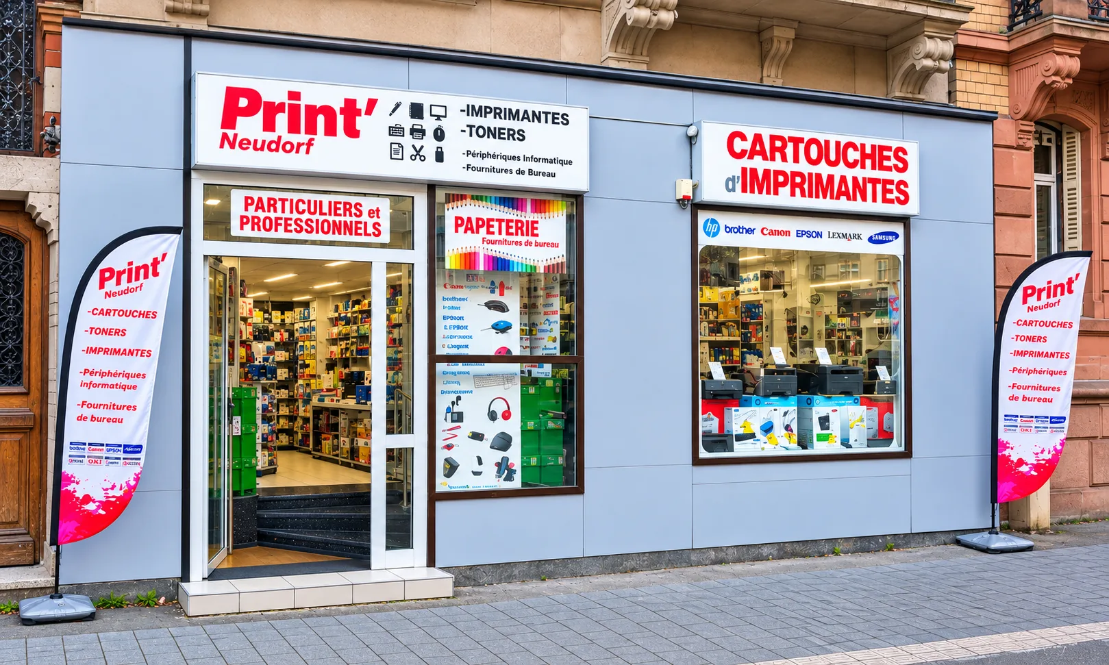 Façade et entrée du magasin Print’ Neudorf au 86 route du Polygone à Strasbourg