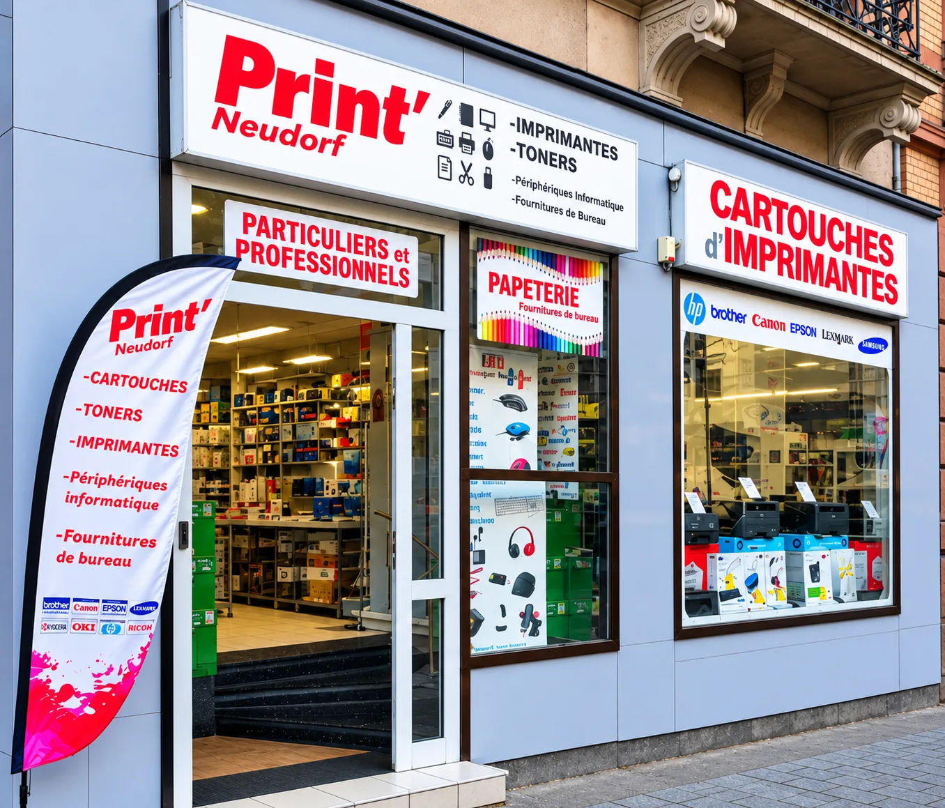 Façade du magasin Print’ Neudorf, cartouches, toners et imprimantes au 86 route du Polygone à Strasbourg