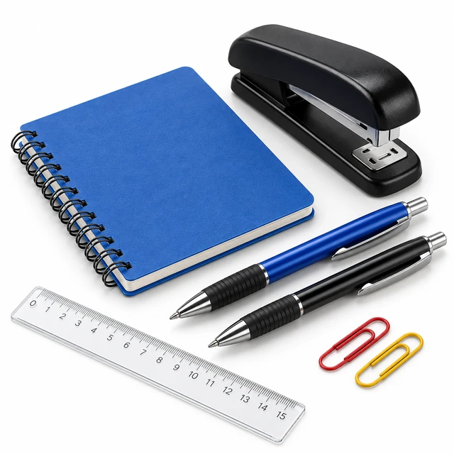 Carnet, stylos, agrafeuse et fournitures de bureau