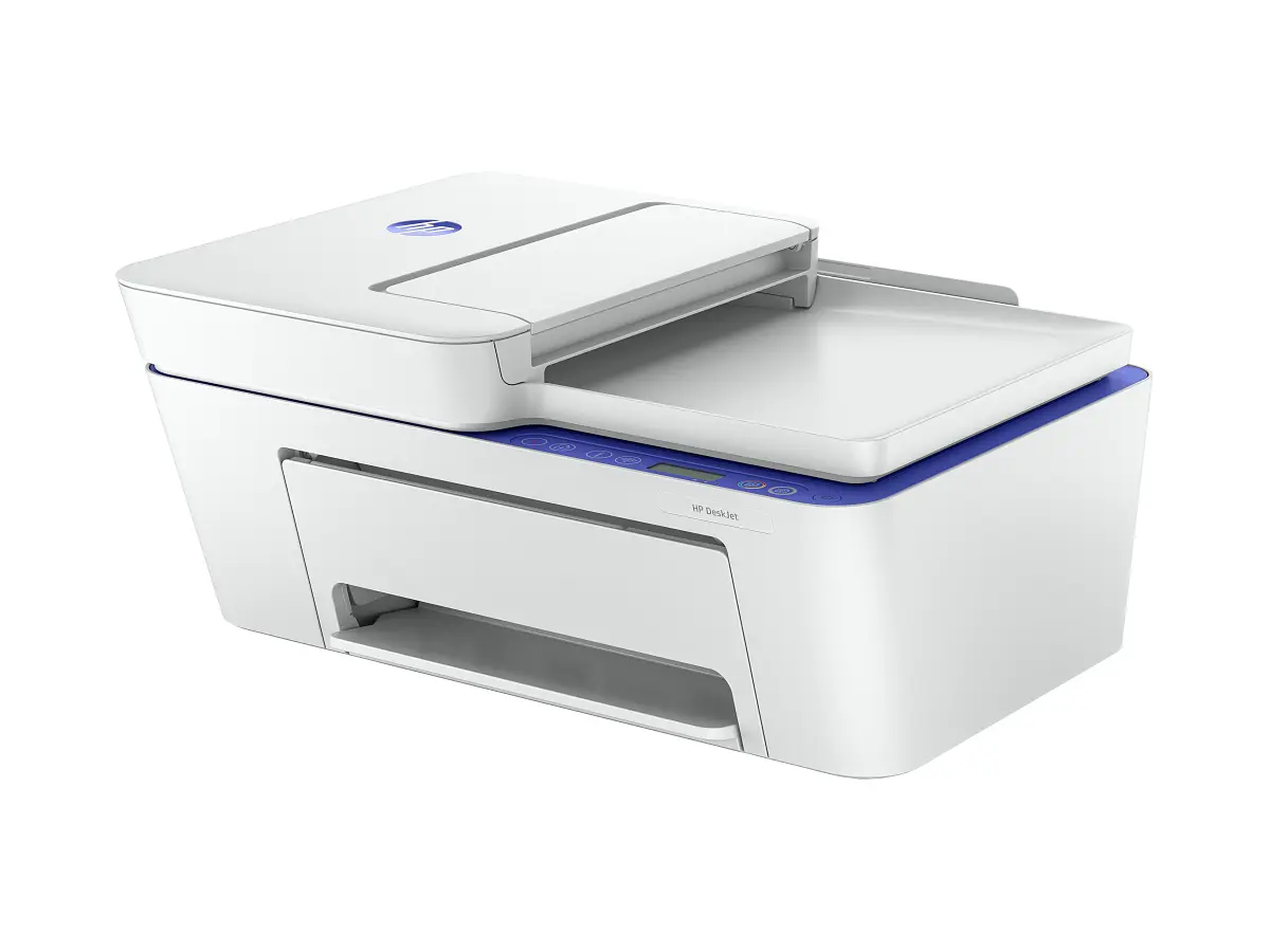 HP DeskJet 4230e blanche et bleu marocain - vue avant droite