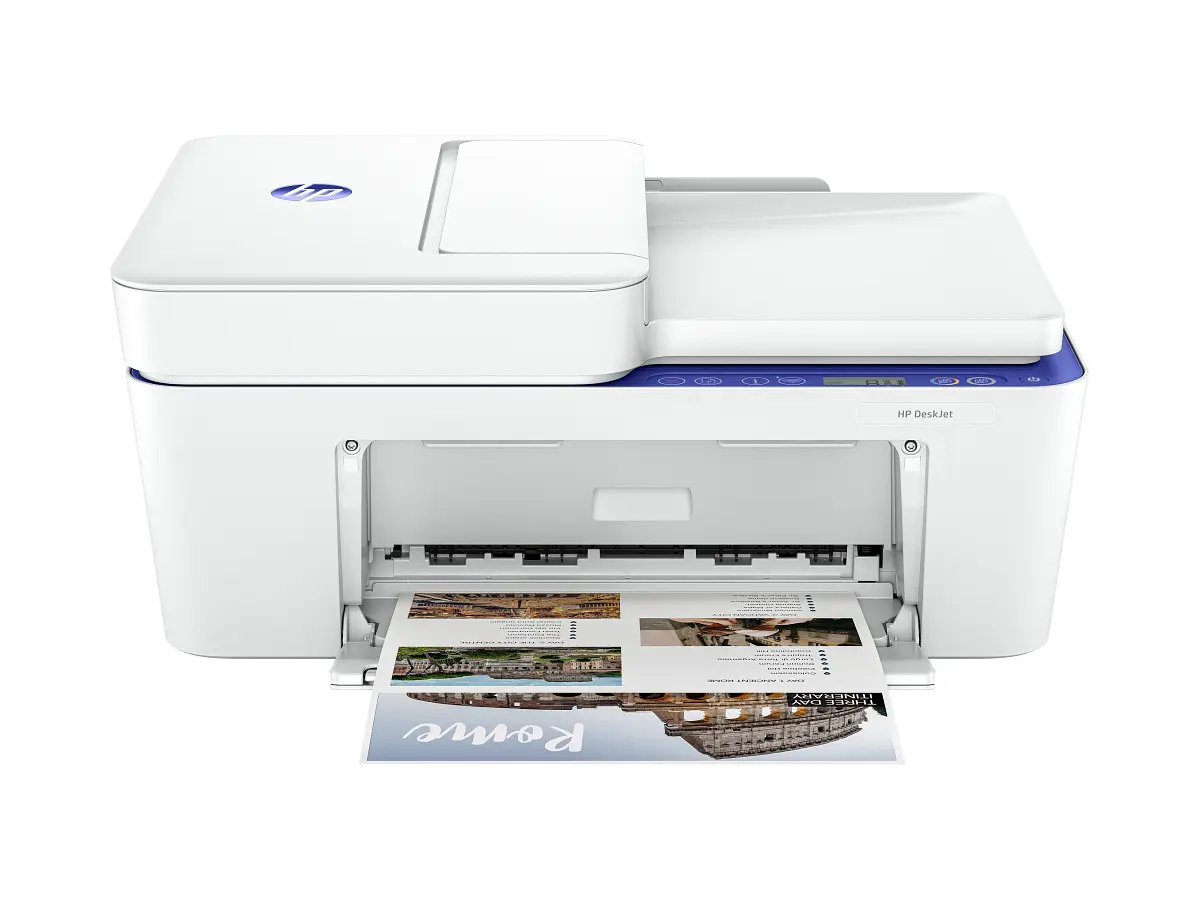 HP DeskJet 4230e blanche et bleu marocain - vue de face avec impression
