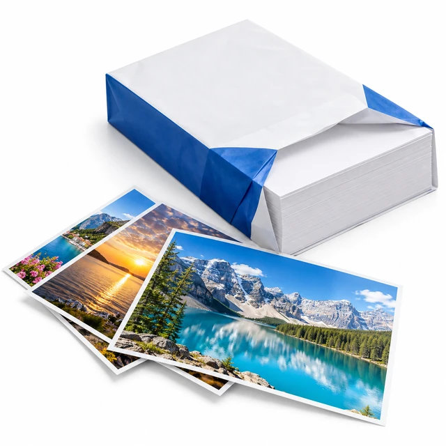 Ramette de papier blanc et tirages photo couleur