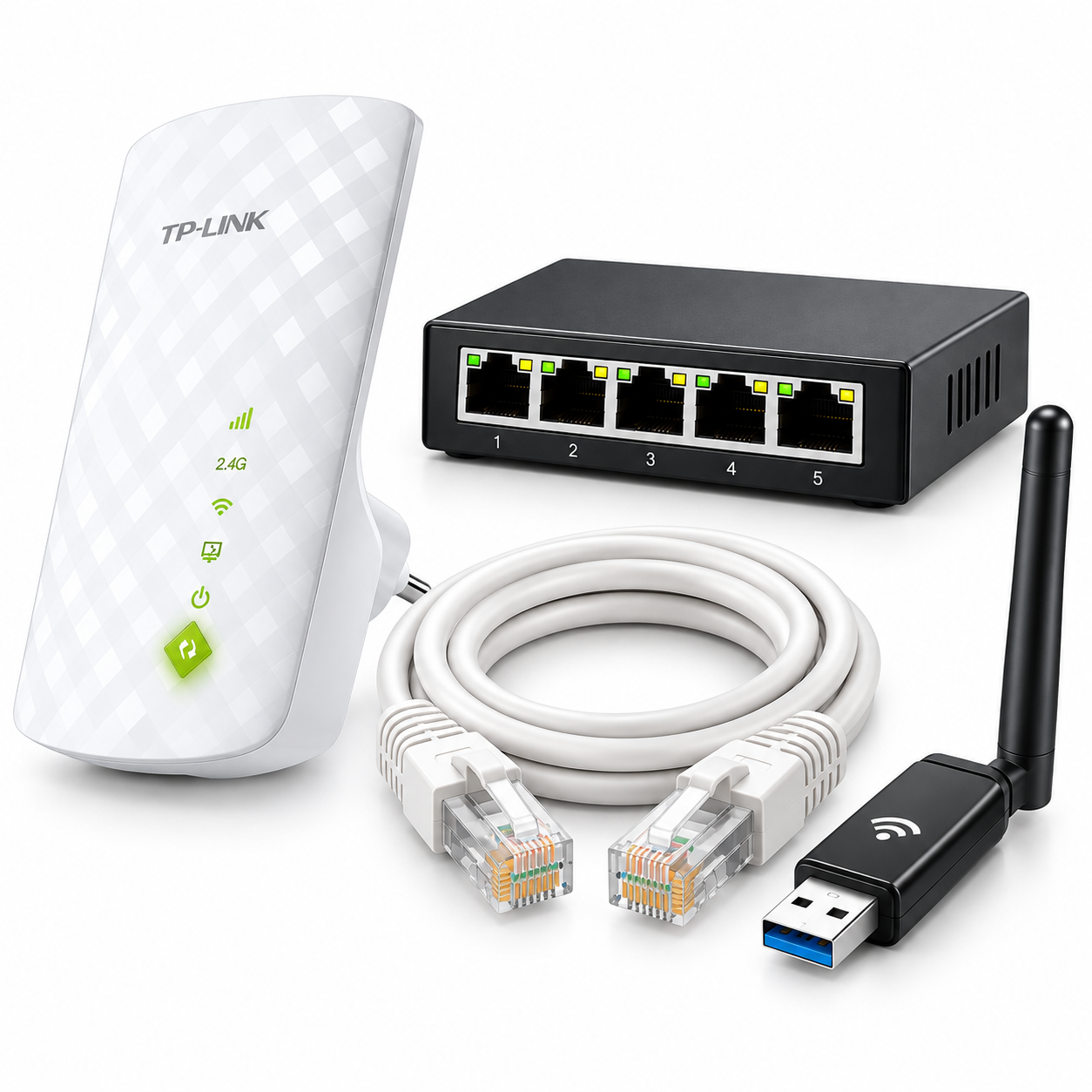 Répéteur Wi-Fi TP-Link, switch Ethernet, câble RJ45 et clé Wi-Fi USB