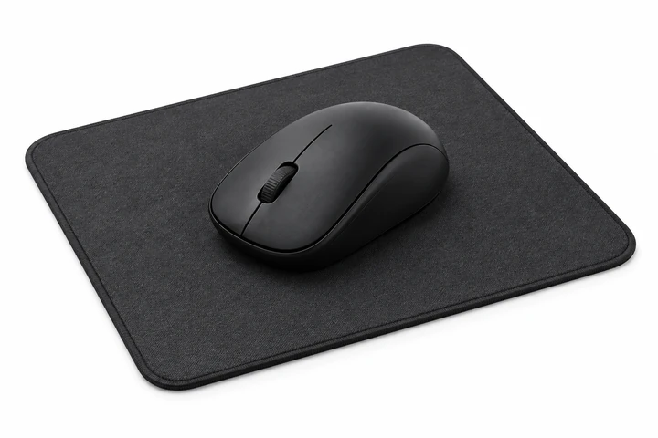 Souris sans fil noire sur un tapis de souris