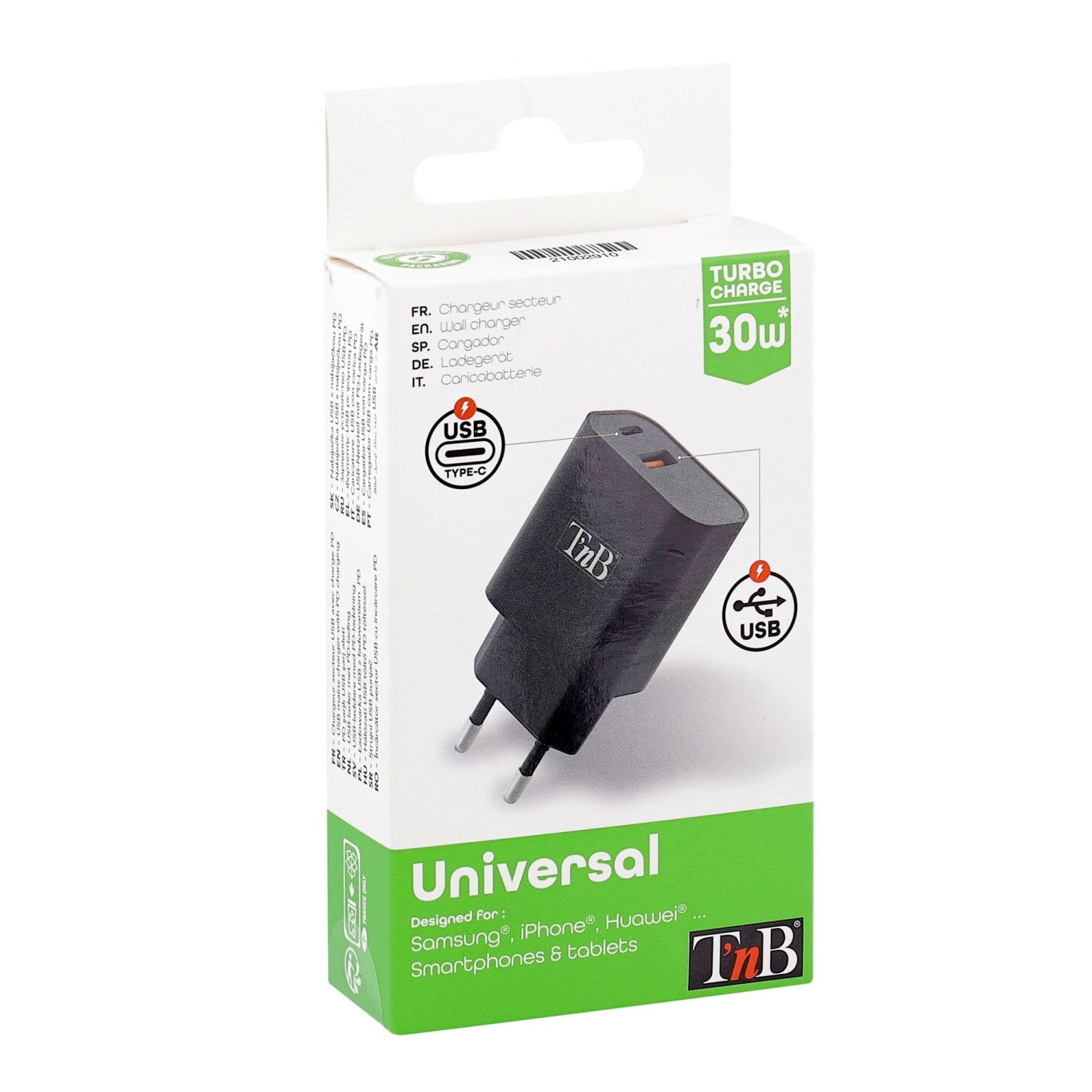 TNB Chargeur secteur 1 USB-C Power Delivery + USB-A Quick Charge 30W