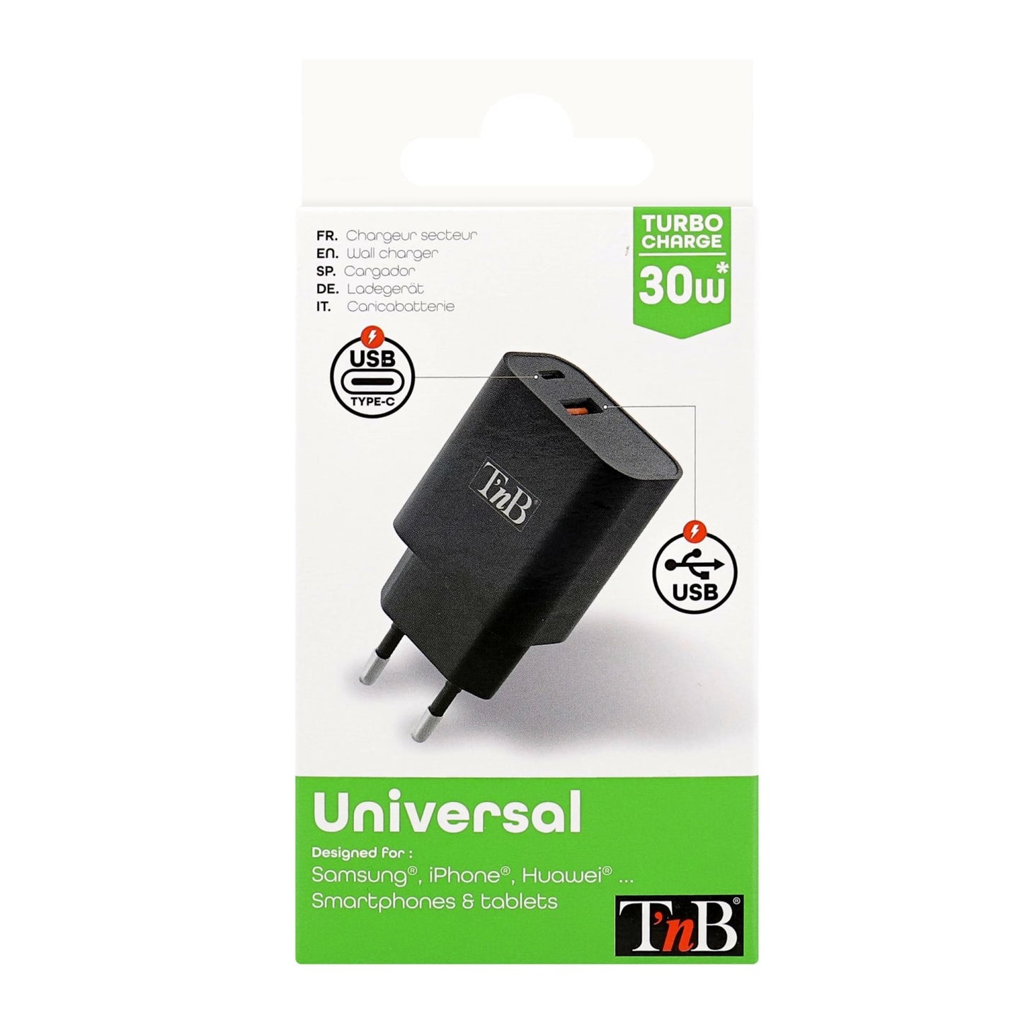 TNB Chargeur secteur 1 USB-C Power Delivery + USB-A Quick Charge 30W
