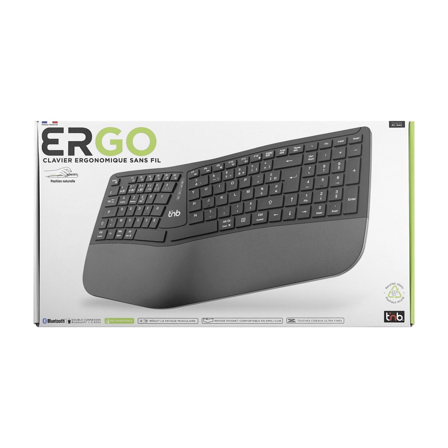 TNB ERGO - Clavier ergonomique sans fil rechargeable Bluetooth + 2,4GHz