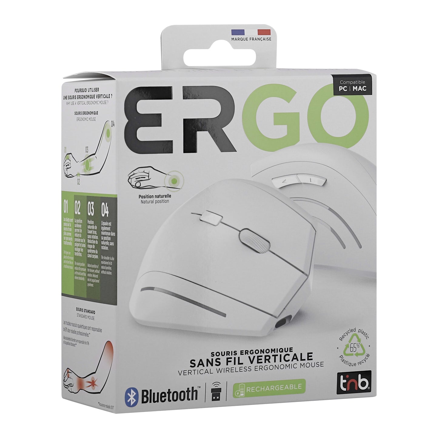 TNB Souris sans fil ergonomique verticale – Bluetooth & USB-A