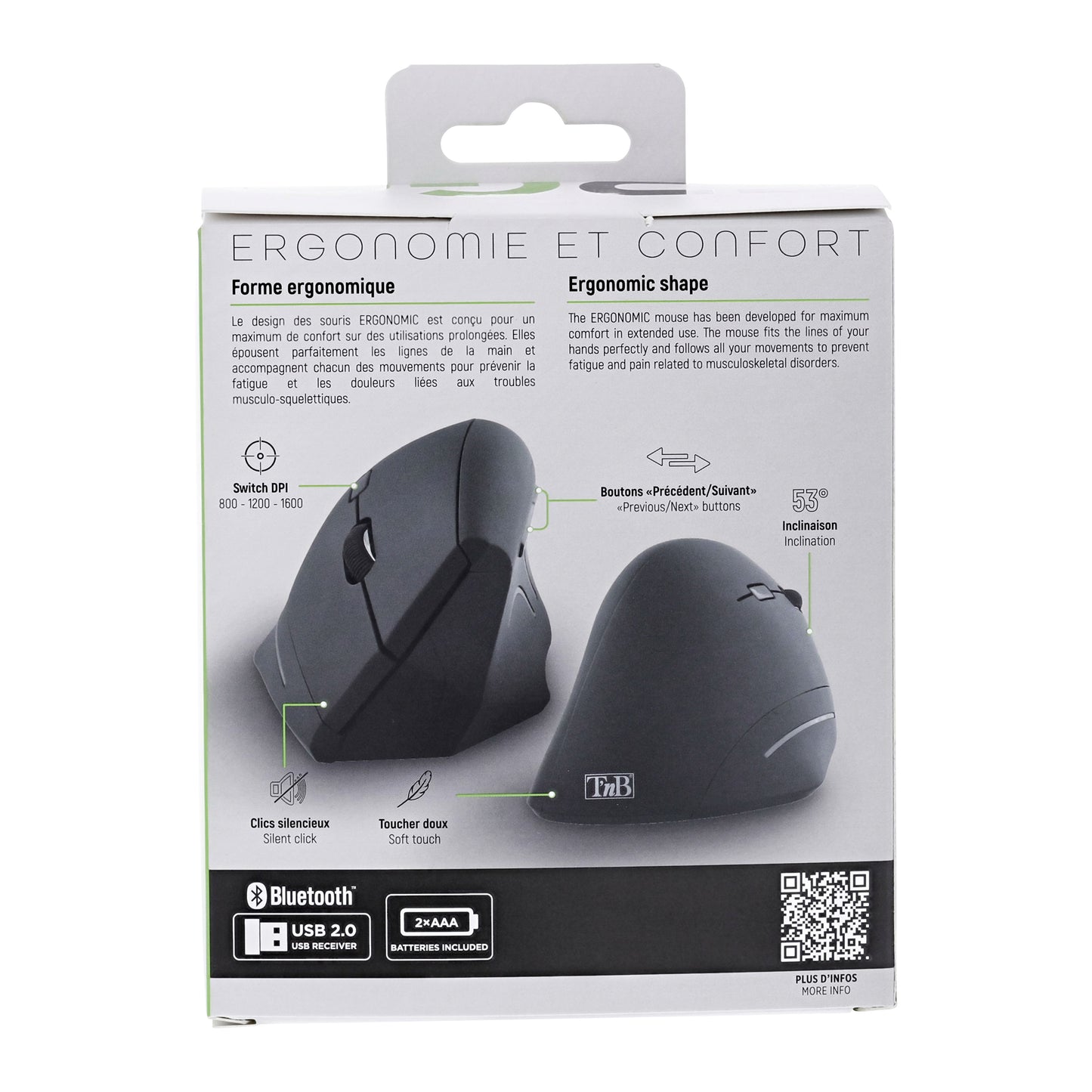 TNB Souris sans fil ergonomique verticale – Bluetooth & USB-A